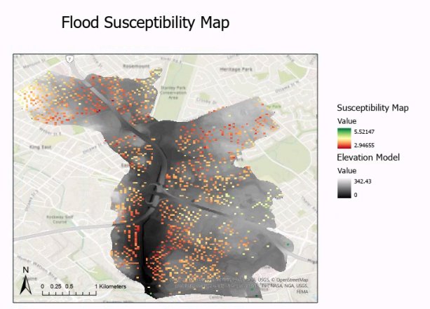 Flood susceptibility map of the Montgomery Creek Watershed with hotspot parcels highlighted in orange and red over a grayscale elevation base